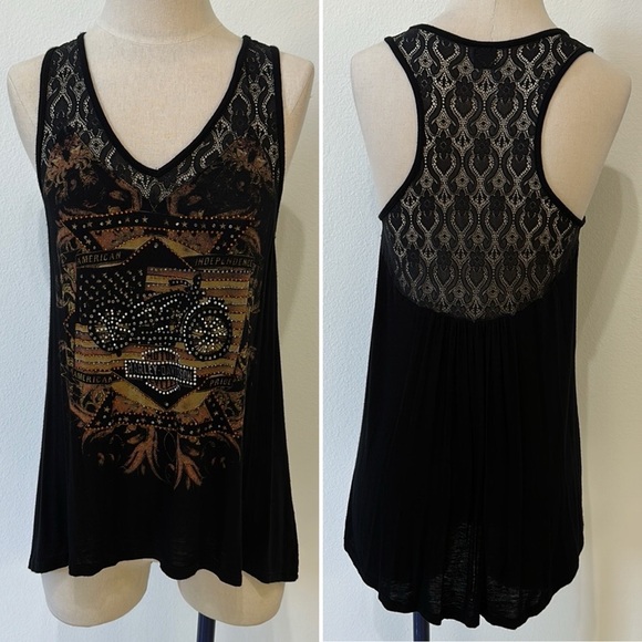 Harley-Davidson Tops - Harley-Davidson Bling Embellished Motorcycle Lace Accent Tank Top - S